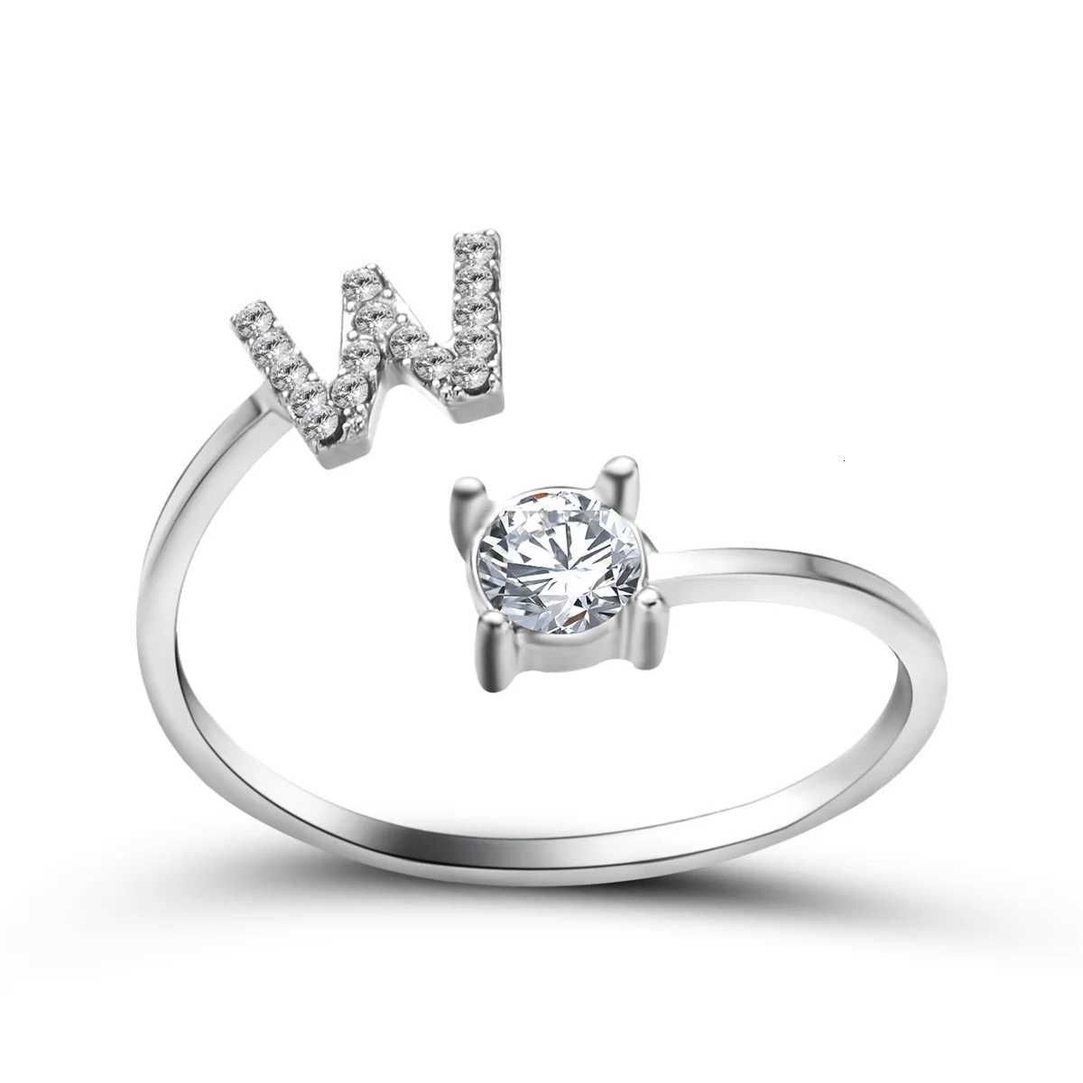 Silver Color Zircon Initial A Z Letter Rings For Women 26 English Alphabet Adjustable Opening Ring Name Female Wedding_voghion.com