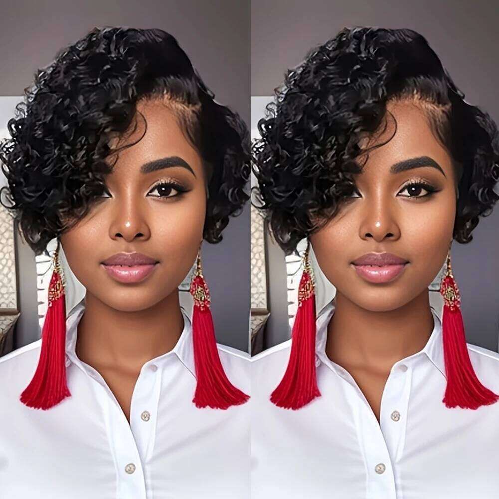 Short Bob Pixie Cut Curly Human Hair Wig Black Color