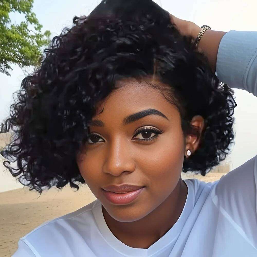 Short Bob Pixie Cut Curly Human Hair Wig Black Color view 3