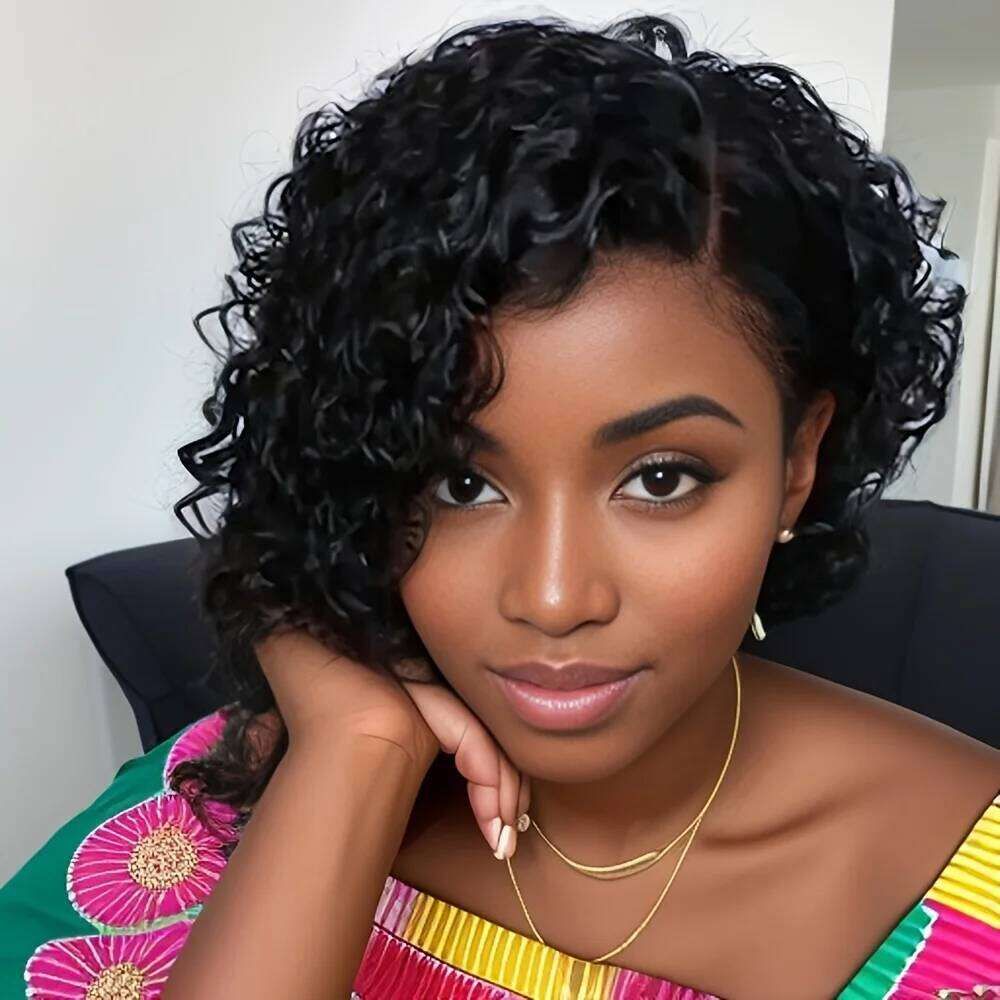 Short Bob Pixie Cut Curly Human Hair Wig Black Color view 2
