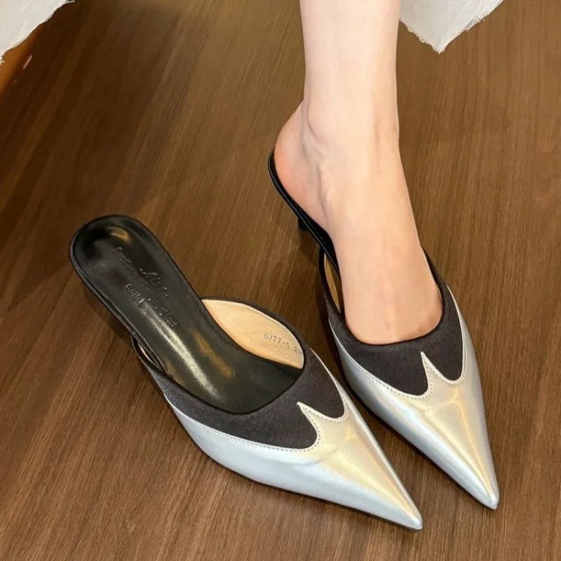 Summer Baotou Semi Drag Womens Outward Wear Temperament Pointed Toe Shallow Mouth One Belt Splicing Stiletto Slippers_vogvips.com