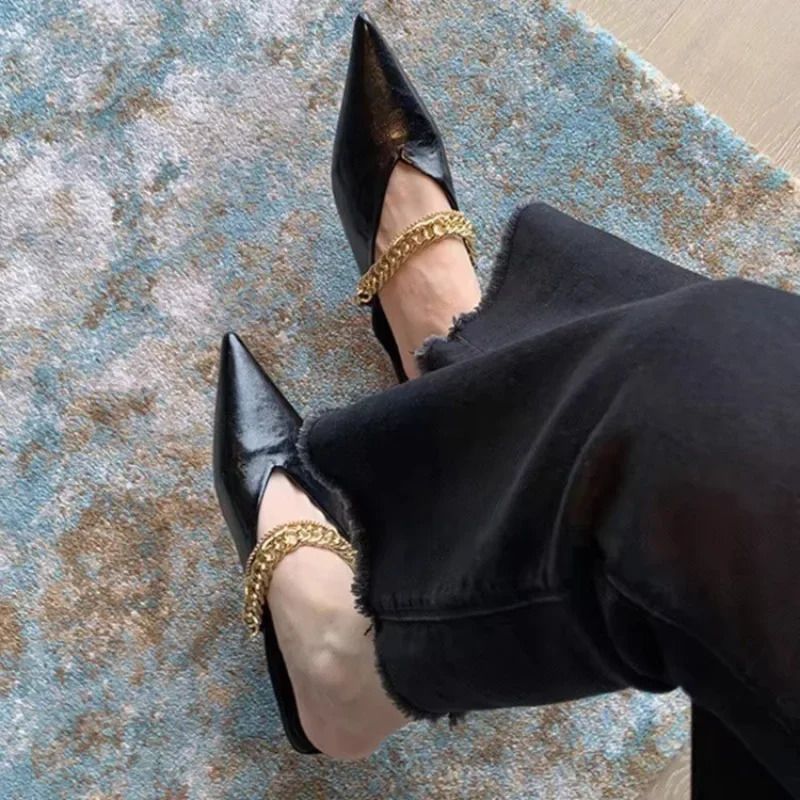 Womens Outside Wear Summer Baotou Shallow Mouth Metal Chain Soft Slip Flat Shoes Pointed Toe Half Slippers 251226_voghion.com