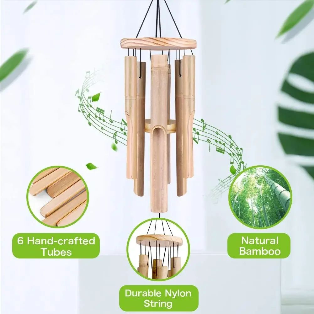 6 Tubes Bamboo Wind Chimes Hand Carved Outdoor.. - Image 2
