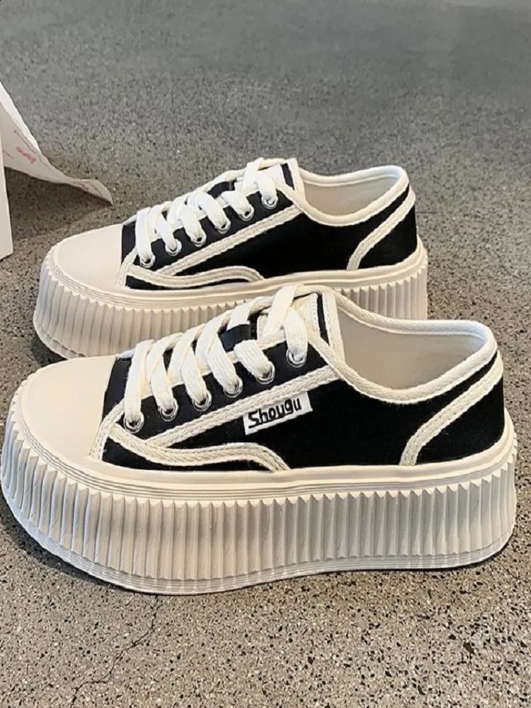 Grote maat hoge canvas damesschoenen met gevulkaniseerde, dikke zool, Koreaanse versie, vetersluiting, ademend, sneaker 250411_voghion.com