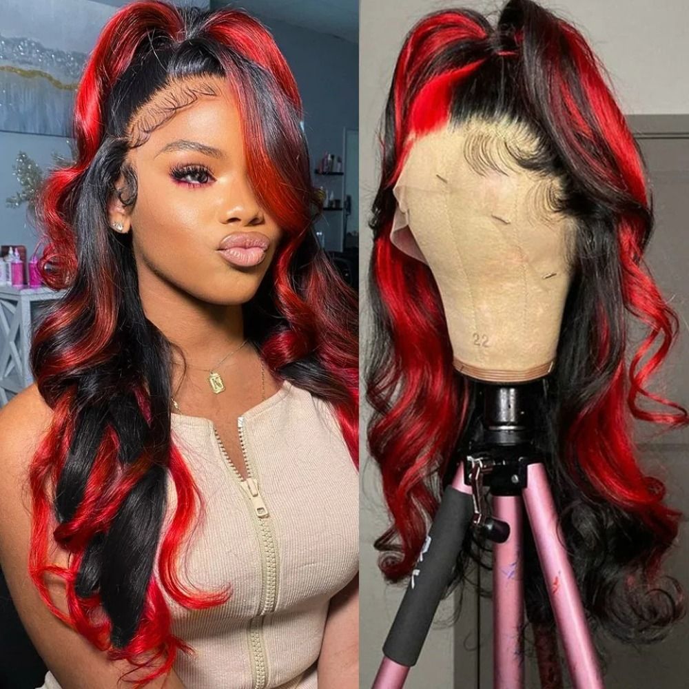 Black And Red Highlight Wig 40 44 Inches 13x4 13x6