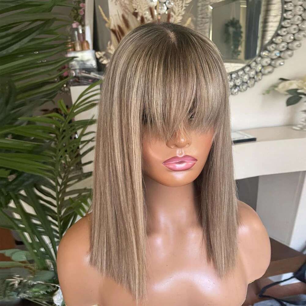 New Bob Blonde Highlight Synthetic With Bangs Short Straight Ash view 3