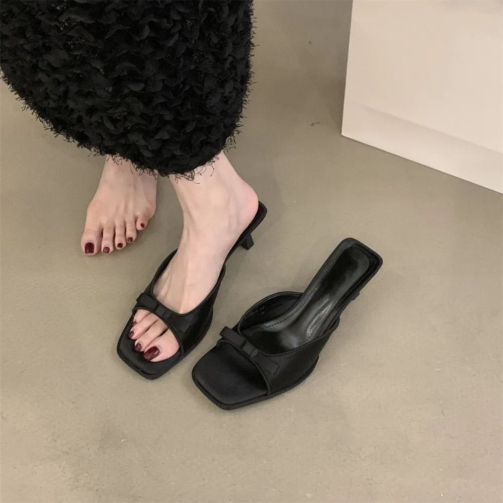 Womens Slipper Mules Low High Heels Shoes Summer Street Look Females Square Head Open Toe Bow Strappy Sandals 250606_voghion.com