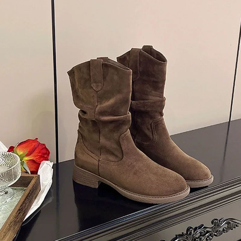 Suède Western laarzen met dikke hakken tot halverwege de kuit voor dames, lente/herfst, effen retrostijl 251020_voghion.com
