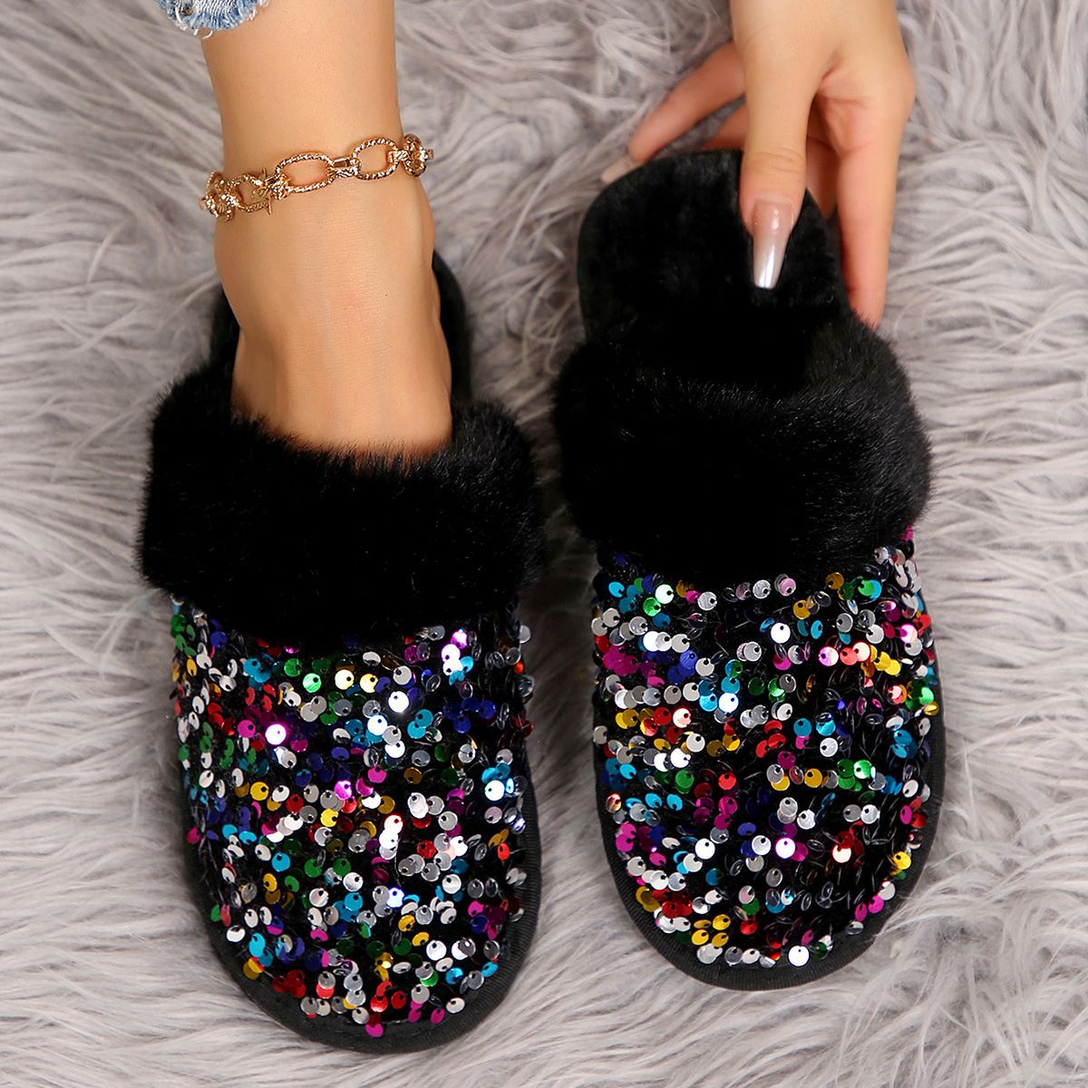 Free Shipping New Design Warm Comfortable Home Couples Cotton Slippers Sequins Fashion Plush Slipper Black Pink_voghion.com