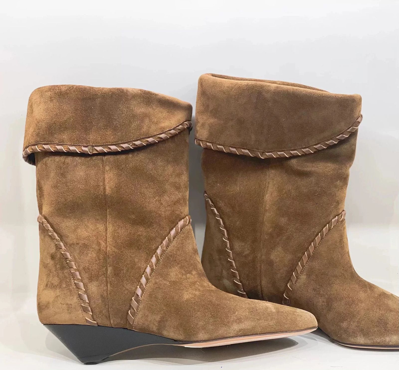 Womens TwoWay Wear Leather Version Western Cowboy Short Point Flip Edge Booties Sharp Pointed Toe Stacked Boots 251027_voghion.com