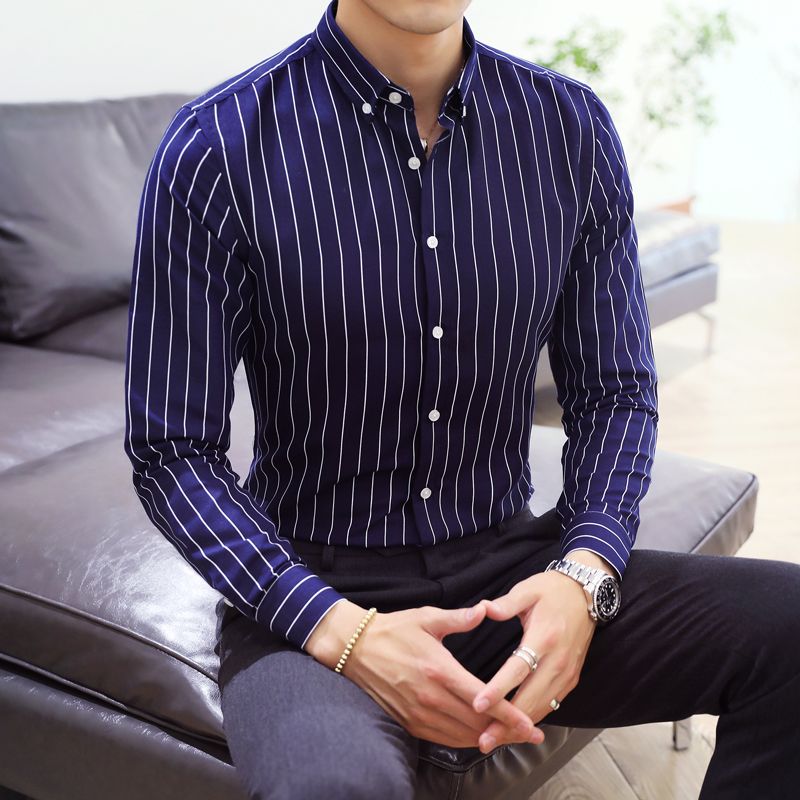 Designer Men Striped Slim Shirts Smart Casual Long Sleeve Dress Shirts