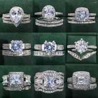 Cluster Rings Crystal Promise Ring Set For Women Bridal Silv...