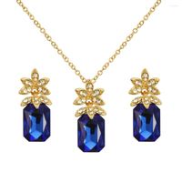 Collier Boucles d'oreilles Set Luxury Blue Rhingestone Crystal Bridal Flower Pendent avec des bijoux en pierre de verre pour femmes