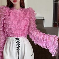 Bloses de mujer Sweet Court Style Rosa camisas 2023 Spring Summer Cute Ruffles Fairy Ladies Top Collar Sleas largas Lace Femenina Femenina