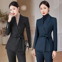 Kadınlar iki parçalı pantolon uzun kollu düz renkli siyah moda takım iki parçalı set iş üniformaları koyu mavi iş kumaş resmi giyim
