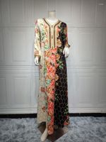 Günlük elbiseler şık etnik çiçek maxi elbise kadınlar için bant düzeltme elmas trim v boyun uzun kollu gevşek Arap Umman Dubai Müslüman Abaya