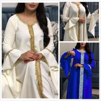 Sıradan Elbiseler Jalabiya Kaftan Elbise Kadınlar İçin Dubai Türkiye Altın Şerit Nakış Gevşek Müslüman Arap İslami Giyim Beyaz 2023