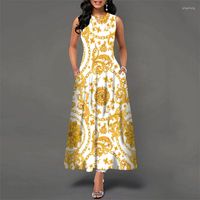 Sıradan elbiseler bohem çiçek baskı kadınlar için içi boş 2023 büyük salıncak vintage yüksek bel maxi parti ince kolsuz elbise