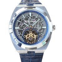 Mens Watch Tourbillon Skeleton Dial Luminous Automatic Movement Winding Blue Leather Strap Gentleman Wristwatch 42mm