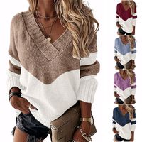 Kadınların Sweaters Renk Engelleme V Yastığı Sonbahar ve Kış Kadın Moda Günlük Uzun Kollu Külkü All-Match Gevşek Örgü
