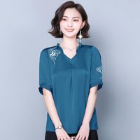 Kadınlar bluzlar Tingyili M-4XL Kadın Yaz Nakış Blon Koreli Ofis Bayanlar Saten Üst Fırfır Düğmesi Ön Sıras Gevşek