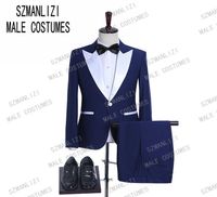 2019 Blue Prom Men Suits White Peaked Lapel Tuxedo Groomsman Man Terno Masculino Slim Fit Mens مع السراويل 1588722