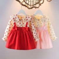 Девушка платья младенцами девочки с полным рукавом наряды Dot Bow Mesh Born Clothing Kids Costume Одежда 0-24 месяца