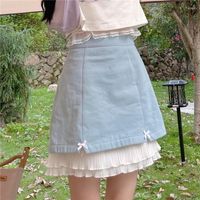 Kjolar 2023 kawaii lolita blå mini kjol kvinnor japansk söt söt ruffle bow mjuk tjej lapptäcke sagan hög midja kort