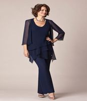 2022 Navy Blue Chiffon Mother Of The Bride Suits Formal Dres...