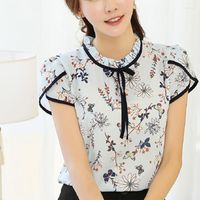 Женские блузки 2023 летний цветочный принт шифоновый блузка с оборцованными воротничками рубашка с короткими рукавами.