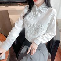 BLOSAS DE MUJERES 2023 Camisa irregular de cuentas de manga larga Camisa de mujeres otoño blanca elegante sólida sólida delicada top biselada estable 16278