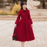 Kadın Yün Karışımları Yosimi 2023 Kış Kırmızı Şarap Paltosu Kadın Dantel Mandarin Uzun Kollu Orta Kalf Yünlü Ceketler İçin Giysiler