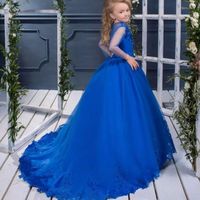 Kız Elbiseler Resmi Çocuklar Düğün Dantelli Kızlar Pageant Tül Partisi Prenses Elbise O yakalı Kutsal İlk Komünyon