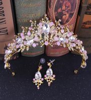 Clips de cabello Barrettes Gold Wedding Crown Tiaras nupciales con pendientes Diadema púrpura rosa para mujeres y niñas Pink11925071