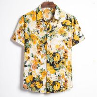 Camisas casuais masculinas camisa de linho de algodão floral de impressão floral