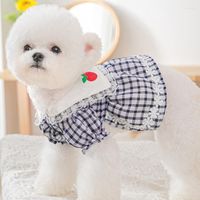Dog Apparel Spring Lace Plaid Floral Dress Clothes Sweet Cot...