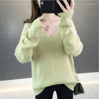 Sweaters femeninos 2023 Sweater de primavera Sweater Femenino Versión coreana suelta de las mujeres delgadas de cuello en V Mujeres delgadas