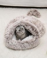 Kedi Yatak Mobilya kış 2 1 uzun peluş uyku tulumu yuvarlak ısınma yastık yumuşak çuval rahat mağara yatak küçük köpek için