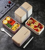 Mikrodalga Çift Katmanlı Öğle Yemeği Kutusu Ahşap Tarz Bento Taşınabilir Konteyner BPA 220228