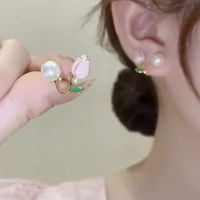 12Pair Pink Tulip Flower Pearl Stud Earrings For Women Korea...
