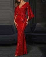 Vestidos informales Luxury Damas Sexy Red Sequined Maxi Vestido para mujeres Fiesta de la noche Drapeada con cinturones
