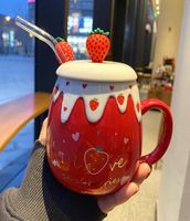 Japonesa, encantadora niña de cerámica Centro de corazón Strawberry gran capacidad creativa para el desayuno para el hogar Desayuno de avena taza de café taza de leche