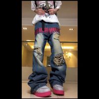 Erkek kot pantolon ret nakış yırtık düz erkek kot pantolon ve wo amerikan hip hop retro gevşek geniş bacak pantolon 230114