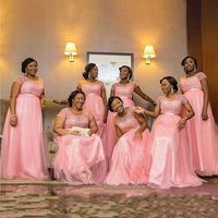 2023 Vestidos de dama de honra rosa Mangas curtas Apliques de renda de tule praia de tule plus size vestidos convidados de casamento personalizado