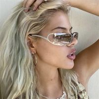 Güneş Gözlüğü 2023 Oval Y2K Kadın Rimless Marka Tasarımcı Punk Wrap Retro Güneş Gözlükleri İçi Boş Çıkış Buhar Feminino