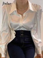Blusas de mujer 2023 manga coreana burbujas botón de satén suelto camisa de solapa elegante blusa blanca blanca blusa