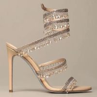 Çıplak cleo kristal lamba süs ince topuklu sandalet 95mm inci akşam ayakkabıları kadınlar yüksek topuklu lüks tasarımcılar sarar elbise ayakkabı fabrika ayakkabı