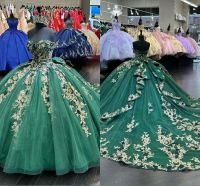 2023 Vestidos verde -verde escuro Vestidos de renda Aplique Sweep Train Sweethel decote corset de costas doce 16 anivers￡rio baile de baile formal noite vestidos