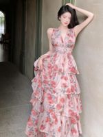 캐주얼 드레스 여름 패션 핑크 플로럴 프린트 주름 장식 길이 섹시 v 목록 슬리빙 야외 파티 홀리데이 비치 로브