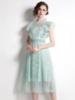 캐주얼 드레스 2023 여름 여자 드레스 라운드 넥 미드 허리 프릴 슬리브 패션 자수 우아한 패치 워크 B158